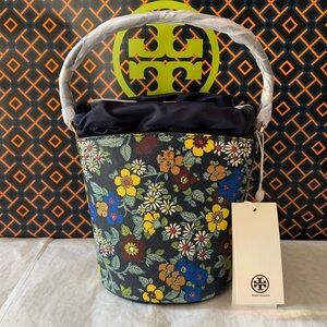 Tory Burch Emerson Mini Bucket Crossbody Bag Wallpaper Floral Navy Blue Green